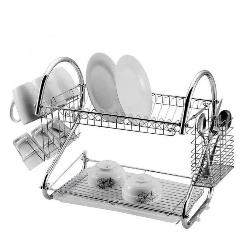 S Shape Kitchen Organizer Rack - 2 Tier with Dish Spoon Fork Bowl Cup Holder
