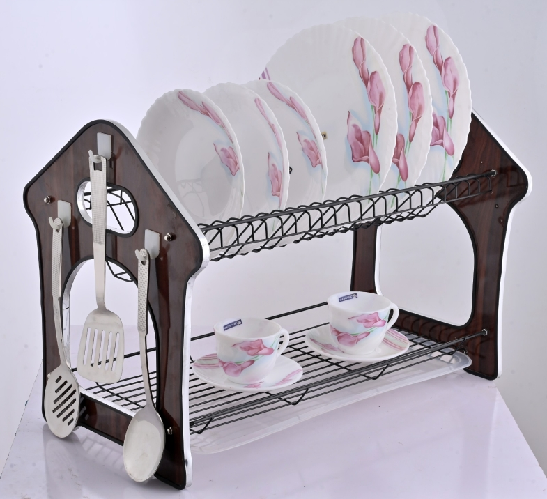 Premium Stainless Steel Dish Rack with Wooden Accents Draining Tray - Black