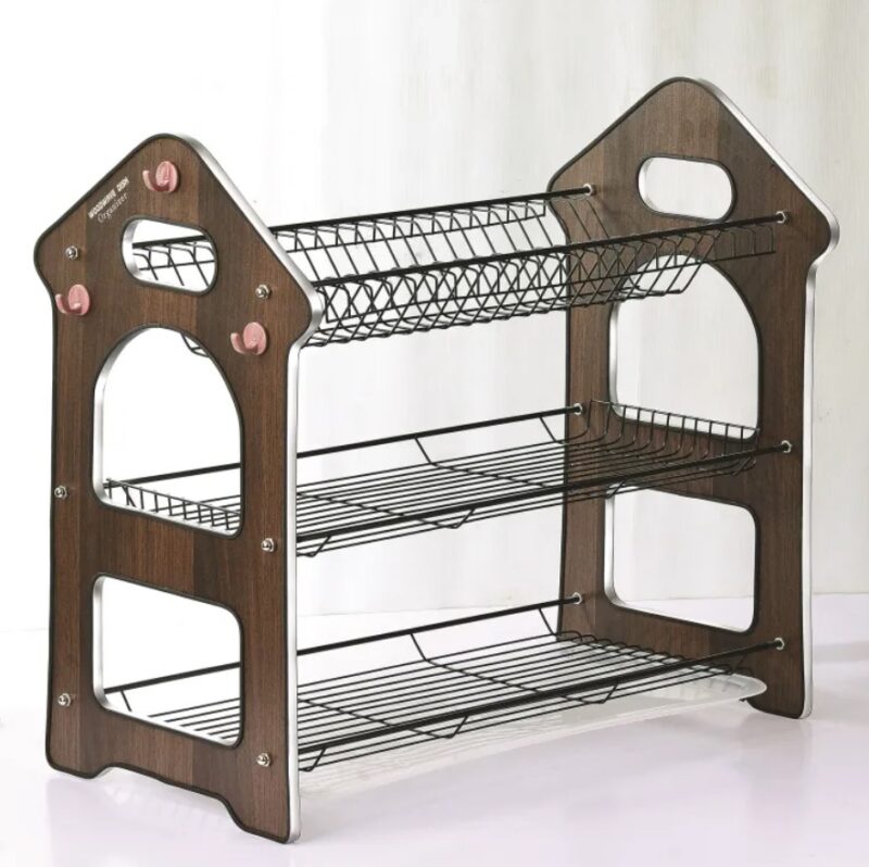 Premium Stainless Steel Dish Rack with Wooden Accents Draining Tray - Black