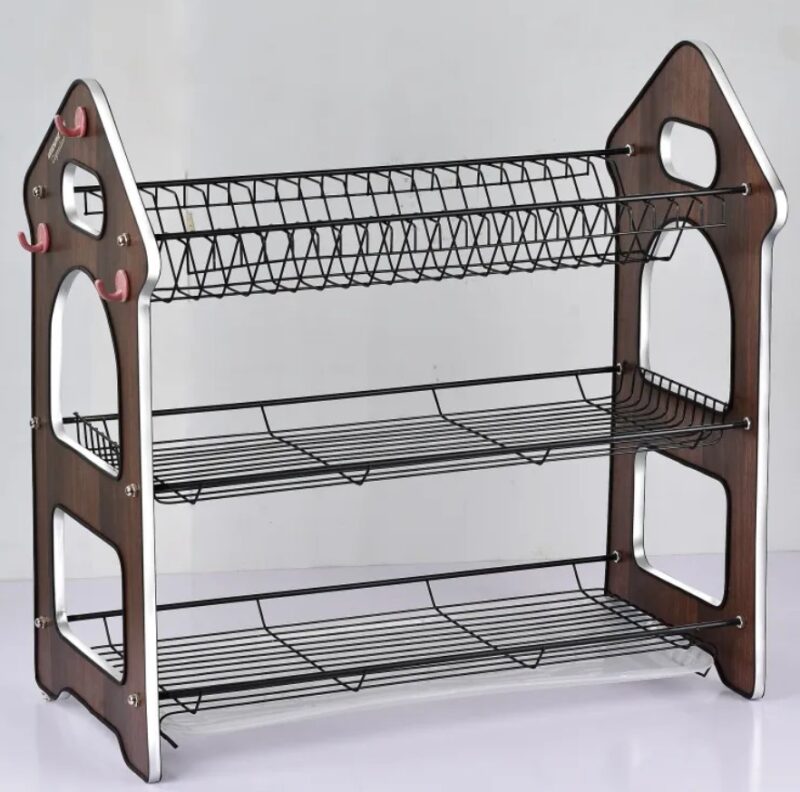 Premium Stainless Steel Dish Rack with Wooden Accents Draining Tray - Black